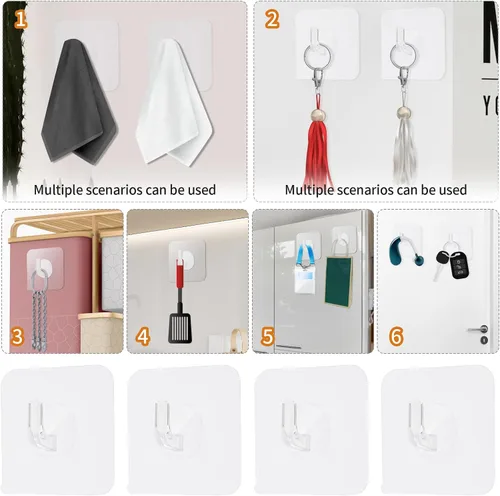 Vista 5 de COMNICO Paquete de 12 Ganchos Adhesivos de Plástico Transparente Impermeables Resistentes Pegajosos para Pared Techo Puerta Ventana Gancho