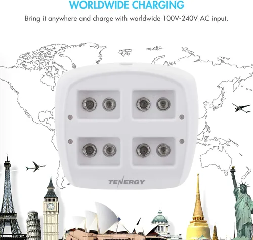 Vista 8 de Tenergy TN136 Cargador inteligente de 4 bahías 9V con 4 piezas 9V Tenergy Centura (baja autodescarga) NiMH 200mah baterías recargables