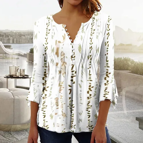 Vista 15 de Ceboyel Blusa tipo túnica con estampado floral para mujer, con botones, estilo Henley, con manga de codo, casual, trajes de moda para mujer