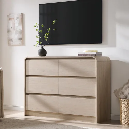 Vista 8 de Aitjunz - Cómoda moderna de 5 cajones para dormitorio, 45 pulgadas de alto, diseño de perfil curvo, cómoda vertical de madera estilo Mid-Century