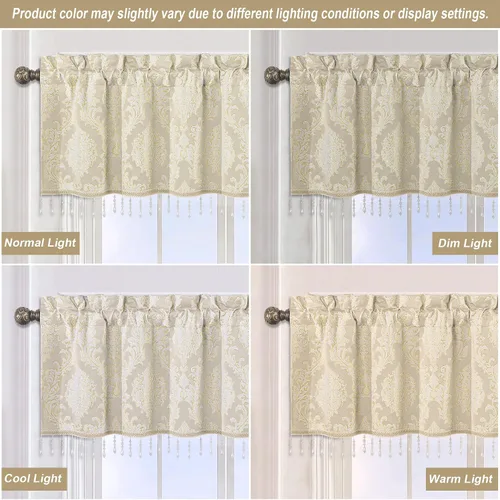 Vista 7 de Loom and Mill Cenefas de jacquard de lujo para ventana de sala de estar, elegante cenefa de cortina de damasco beige con ribete de cuentas, cortina