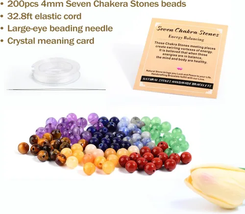 Vista 3 de AD Beads 200 cuentas redondas naturales de 7 chakras de 0.157 pulgadas (0.157 in), piedras preciosas de energía curativa, kit de joyería