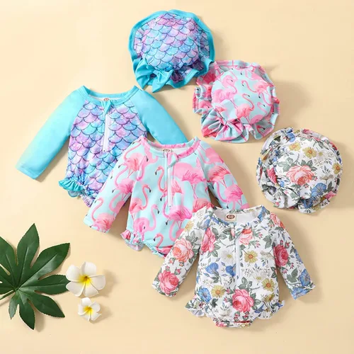 Vista 30 de Traje de baño de una pieza con cremallera de manga larga para bebé niña con gorro