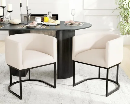 Vista 57 de HNY Silla de comedor moderna de mediados de siglo tapizada en forma de barril, negra, con brazos, silla de cocina y comedor de cuero, silla auxiliar