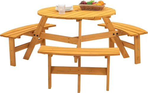 Vista 10 de Mesa de picnic de madera para 6 personas, mesa circular de picnic de madera para exteriores, mesa de comedor con 3 bancos, mesa exterior y banco 6