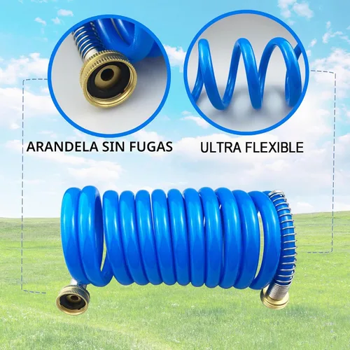 Vista 6 de Darnassus Manguera de jardín de alta resistencia con bobina de PU, autobobinable, con accesorios de latón macizo, retráctil, resistente a la Azul