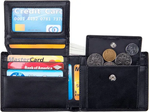 Vista 2 de OFAMOUS Cartera de cuero para hombre con bolsillo para monedas ventana de identificación abatible bloqueo RFID billetera delgada con bolsillo