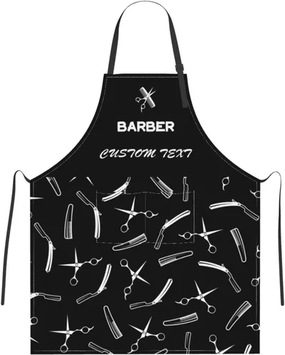 Vista 8 de Delantal de barbería personalizado para hombres y mujeres, delantal de peluquería con texto personalizado con bolsillos, delantal ajustable