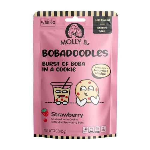 Vista 2 de Molly Bz Food Bobadoodles - Burst of Boba in a Cookie - Snickerdoodle con sabor a mini fresa Boba - Horneado suave - Receta gourmet - Paquete de 3