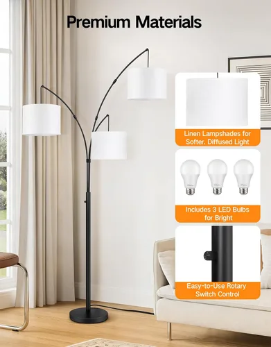Vista 6 de OUTON Lámpara de pie LED de arco, lámpara de pie alta moderna negra de 3 luces para dormitorio, 2400lm lámparas de esquina de pie ajustables
