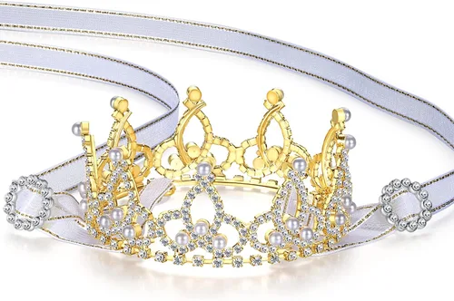 Vista 4 de Lovelyshop Pet Series Corona para Perro/Gato Redonda Completa Chapada en Oro con Diamantes de Imitación y Perlas Reales para Disfraz de Familia Real