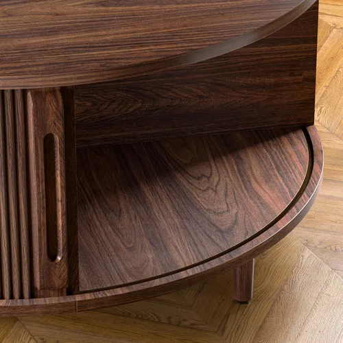 Vista 7 de Mesa auxiliar redonda, mesa central acanalada de 31.5 pulgadas con almacenamiento, mesa de centro elevable con almohadillas ajustables, puerta
