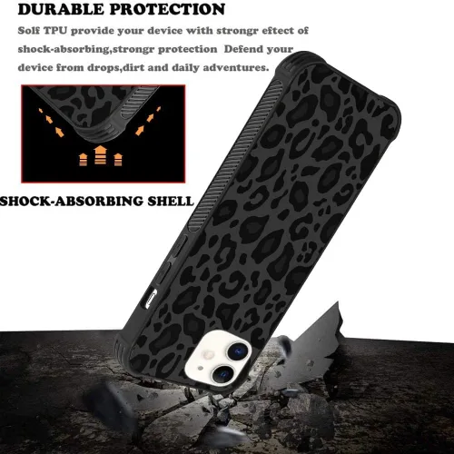 Vista 3 de KANGHAR - Funda compatible con iPhone 11, diseño de leopardo negro, textura de neumático antideslizante, a prueba de golpes, funda protectora