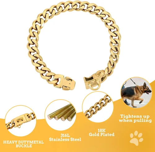 Vista 4 de BAOBOTE Collar de perro de acero inoxidable dorado de 0.59 pulgadas con cadena de eslabones cubanos resistente a prueba de mordidas, collar