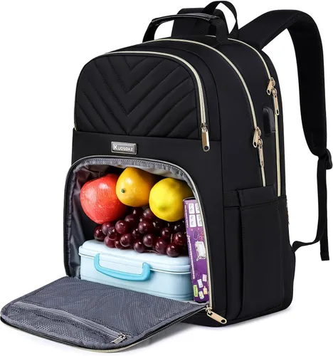 Vista 8 de Mochila de almuerzo para mujer, resistente al agua, bolsa de almuerzo aislada, mochilas para laptop de 15.6 pulgadas con puerto USB, mochila
