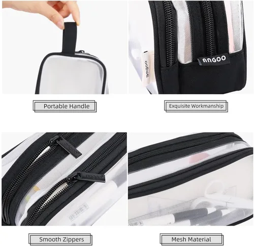 Vista 2 de Oyachic Estuche para lápices de 2 compartimentos de malla transparente para bolígrafos, bolsa de cosméticos para maquillaje, bolsa de cosméticos