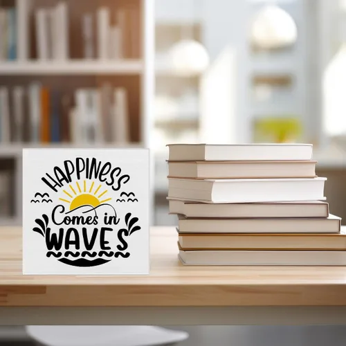 Vista 5 de Letrero de madera con temática de playa, decoración de casa de playa, con texto en inglés «Happiness Comes in Waves», letrero cuadrado de madera