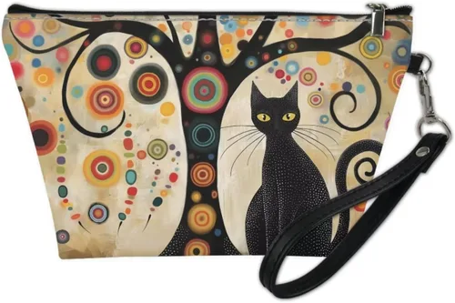 Vista 2 de Howilath Abstract Art Cat Cosmetic Pouch for Women PU Leather Toiletry Storage Bag Trapezoid Makeup Bags with Wrist Strap