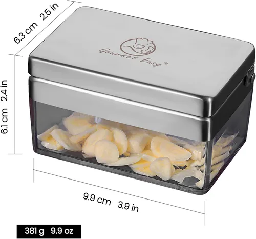 Vista 7 de Prensa de ajo Gourmet Easy de acero inoxidable, picador y cortador de ajo mini súper delgado 2 en 1, cortador de jengibre en cubos sin olor