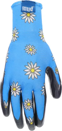 Vista 2 de MUD Guantes de jardinería con estampado de margaritas para mujer, con carcasa de poliéster y palma recubierta de nitrilo plano, Azul