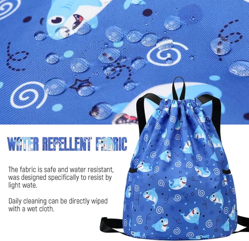 Vista 5 de Ryushoyo Bolsa impermeable con cordón para gimnasio, mochila deportiva para hombres, mujeres, niñas y niños, Tiburón Azul Oscuro, Classic