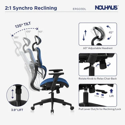 Vista 3 de Nouhaus Ergo3D Sillas de escritorio para oficina en casa ergonómicas Silla de oficina de respaldo alto de malla con ruedas y reposacabezas
