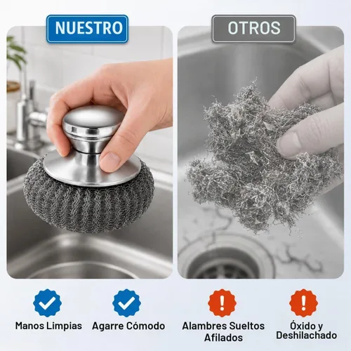 Vista 5 de Depurador de lana de acero con mango y 5 repuestos, kit de 8 piezas de hierro fundido con 2 raspadores de sartén, depurador de acero inoxidable