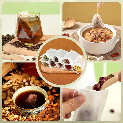 Vista 5 de 100 bolsas de té desechables para té de hojas sueltas, bolsas de filtro de té vacías con cordón de algodón, bolsitas infusoras de té rellenables