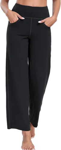 Vista 3 de Oalka Pantalones de pierna ancha para mujer, pantalones de yoga de cintura alta con bolsillos, pantalones deportivos de talla grande