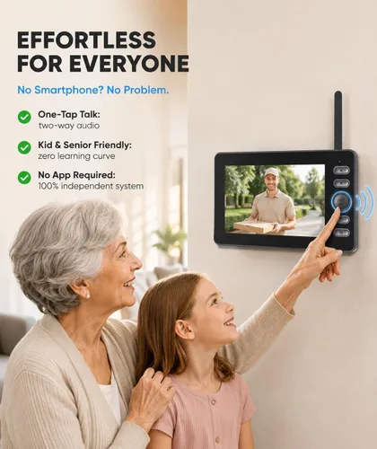 Vista 5 de TKMARS Timbre de puerta inalámbrico sin suscripción, activación bidireccional e intercomunicador, IPX65 impermeable, video 1080P, pantalla de 4.3
