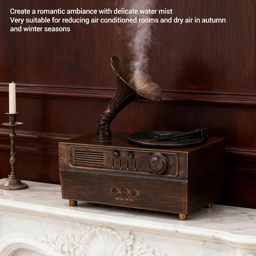 Vista 6 de Zunate Humidificador de aromaterapia retro, estilo gramófono, difusor de aceite vintage, máquina de niebla fría para relajación del hogar