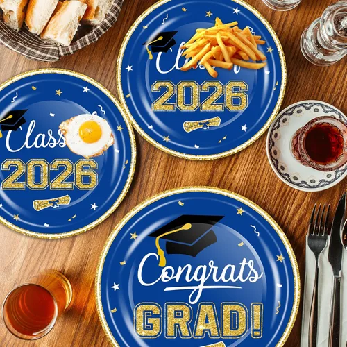 Vista 4 de Juego de vajilla de suministros para fiesta de graduación 2026, 100 platos y servilletas de graduación de oro azul para clase de 2026, vajilla