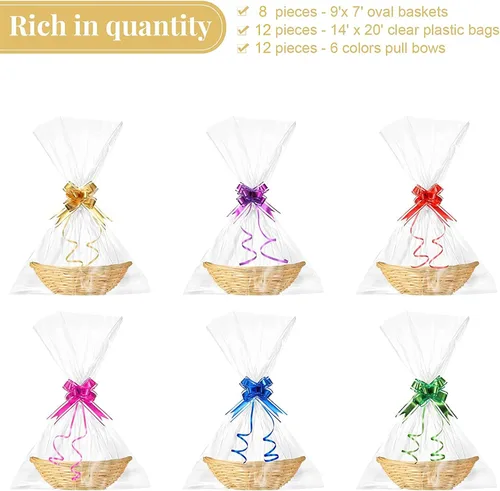 Vista 4 de Yulejo 8 cestas vacías para regalos, cesta tejida de 9 x 7 x 3 pulgadas con 12 lazos coloridos y 12 bolsas de regalo, alimentos, frutas, verduras