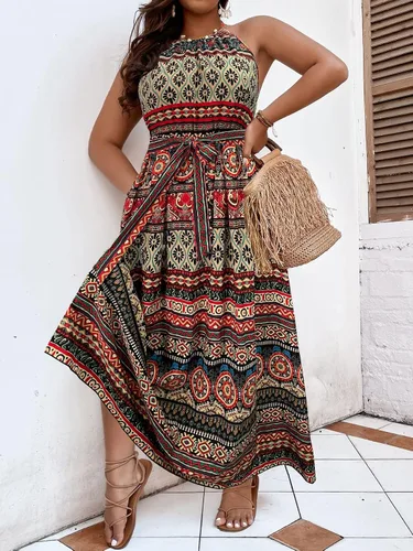 Vista 3 de MakeMeChic Vestido largo bohemio con lazo en la espalda, sin mangas, cintura alta, línea A, con cinturón