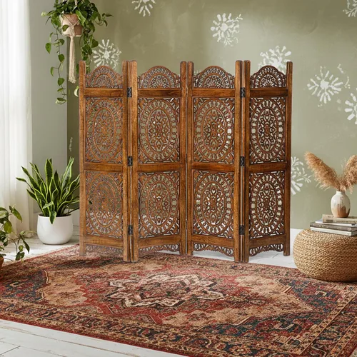 Vista 8 de Lightnpro - Divisor plegable con bisagras de madera con diseño de corazón de madera, 4 paneles con diseños intrincadamente tallados, premontado