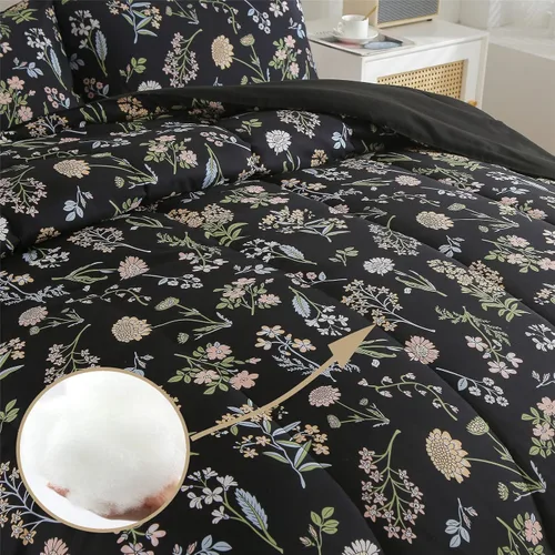 Vista 5 de Juego de edredón floral tamaño Twin, edredón negro estampado de hojas de flores botánicas amarillas y verdes para niños, adolescentes y mujeres