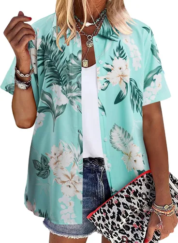 Vista 3 de MYHALF Camisa hawaiana suave y fresca para mujer, camisas hawaianas de verano con estampado floral tropical, cuello en V, camiseta de manga corta