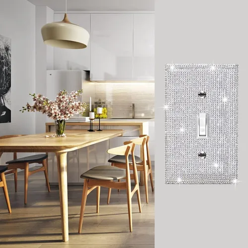 Vista 3 de 1 pieza de cubierta de placa de pared con diamantes de imitación brillantes plateados, cubierta decorativa para interruptor de luz con brillos