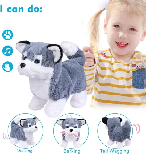 Vista 3 de WorWoder Cachorro de peluche de Alaska, perro electrónico interactivo para mascotas, caminar, ladrar, mover la cola, estirar, animal de compañía