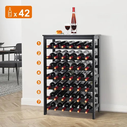 Vista 8 de VASMIA Estante de vino de bambú para 42 botellas, estante de vino de 7 niveles independiente con mesa, estante de almacenamiento de vino para Negro