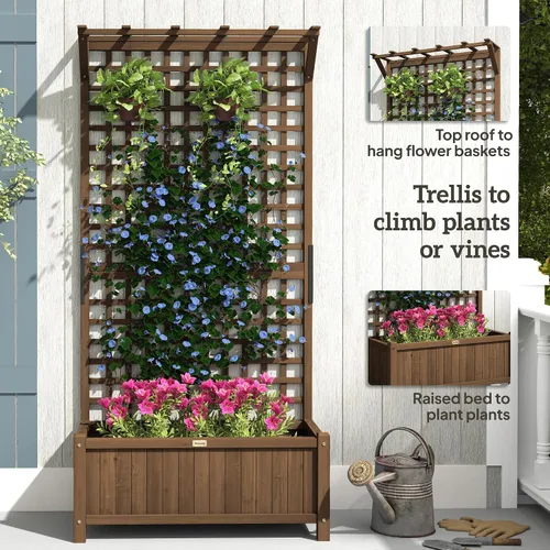 Vista 4 de Outsunny Maceta de Madera con Enrejado para Plantas Trepadoras, Cama Elevada, Caja de Maceta con Agujeros de Drenaje para Cultivar Verduras, Hierbas