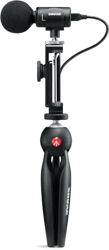Vista 10 de Kit de video Shure MV88+ - Micrófono condensador estéreo digital para Apple y Android, con trípode Manfrotto PIXI, pinza para teléfono, montaje