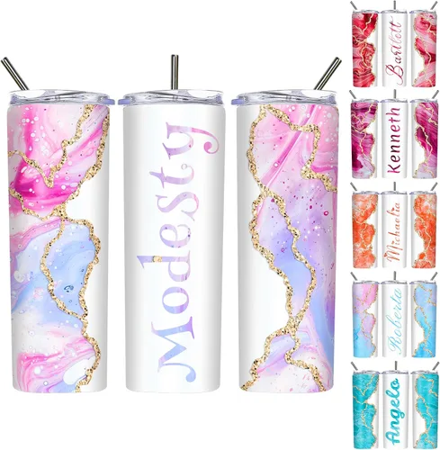Vista 9 de Vasos delgados personalizados con tapas y pajitas de 20 onzas, diseño de mármol personalizado, vasos de acero inoxidable delgados con nombre