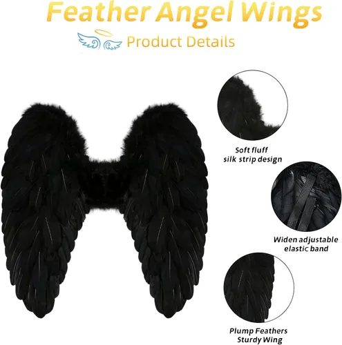 Vista 4 de Alas de ángel y halo para adultos, disfraz de alas de ángel de plumas para mujeres, niños y niñas, cosplay de Halloween