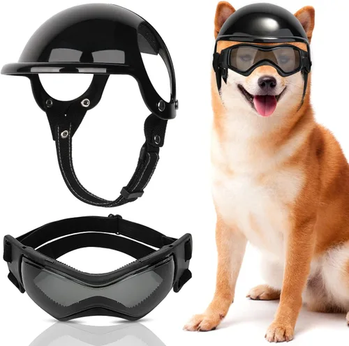 Vista 12 de SlowTon Juego de casco y gafas de sol, sombrero y gafas de sol para perro 1.Negro