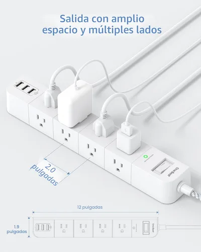 Vista 3 de One Beat Cable de extensión de 10 pies, regleta protectora de sobretensiones, 8 tomas de CA amplias, 3 USB, enchufe plano, estación de carga