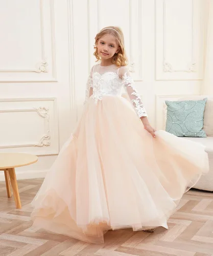 Vista 3 de Vestido de princesa de manga larga con encaje de marfil blanco para niña de flores, vestido de desfile GZY202 Color: como el de la imagen.