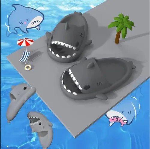 Vista 2 de Lindas pantuflas y sandalias con temática de tiburón, diseño unisex de tiburón nube de dibujos animados con suela antideslizante para niños, mujeres