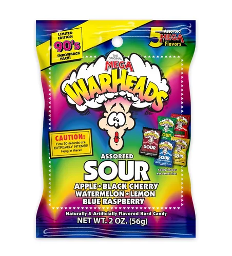 Vista 10 de WARHEADS - Extreme Sour Hard Candy - Sabores de manzana agria, cereza negra, frambuesa azul, limón y sandía - Bolsas de 1 onza - Paquete de 12