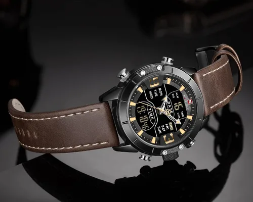 Vista 3 de NAVIFORCE Reloj deportivo digital para hombre, de cuero, cuarzo, impermeable, militar, cronógrafo, despertador, relojes de pulsera